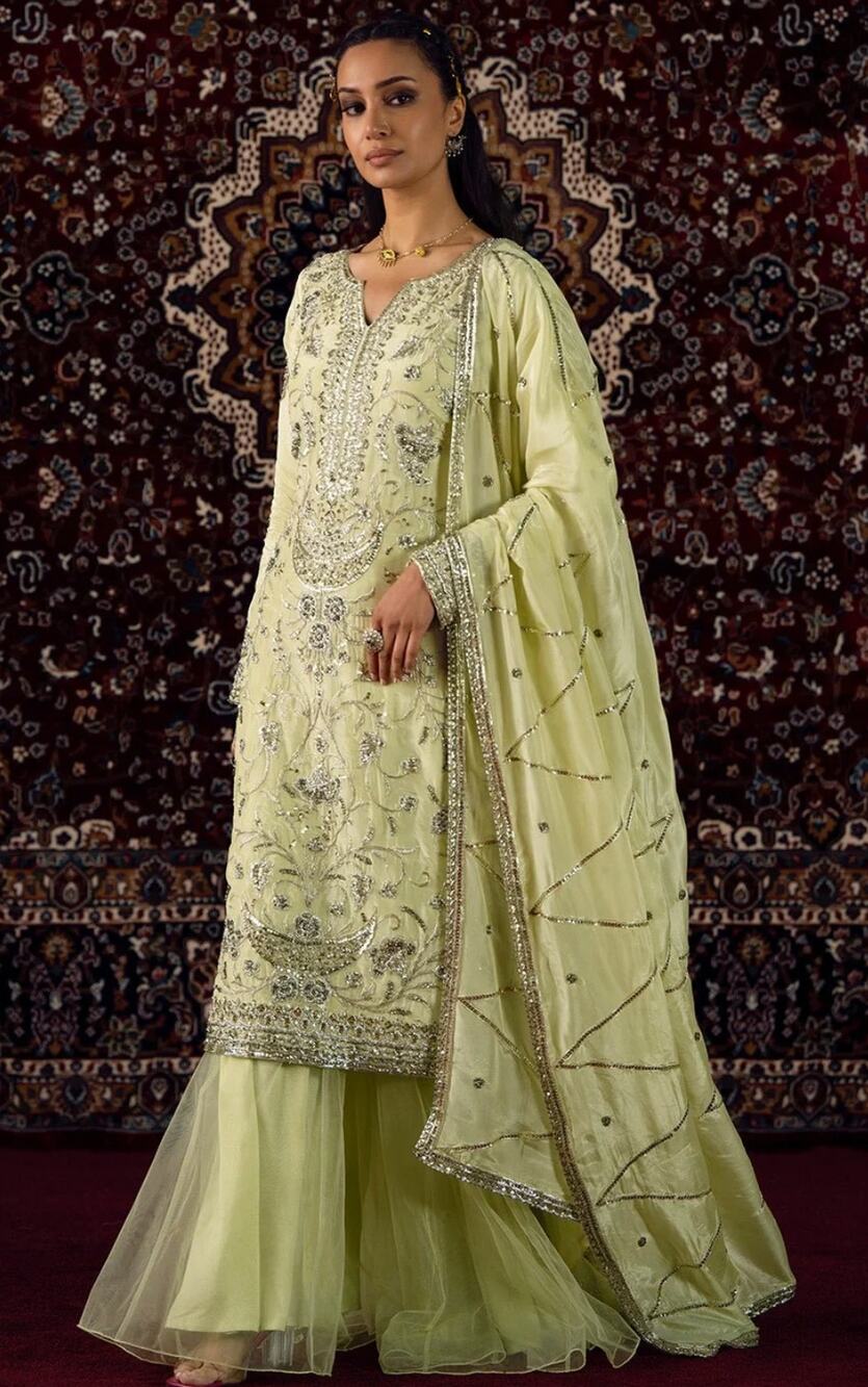 Lashkaraa Pistachio Green Embroidered Silk Sharara Suit Tunic Indian NEW sz S
